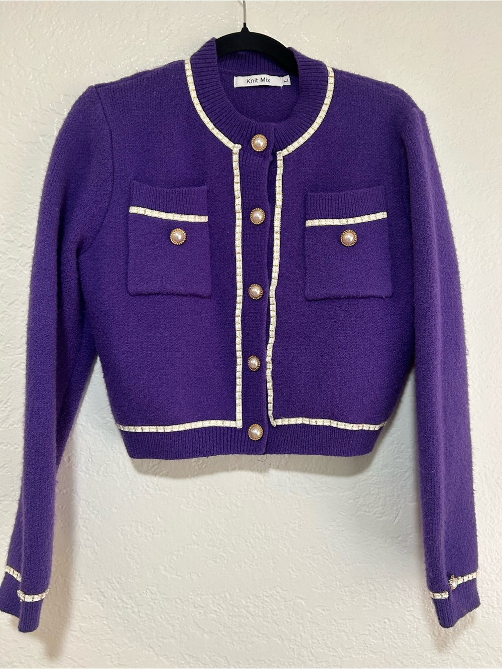Purple Cropped Contrast-Trim Pearl Button Cardigan